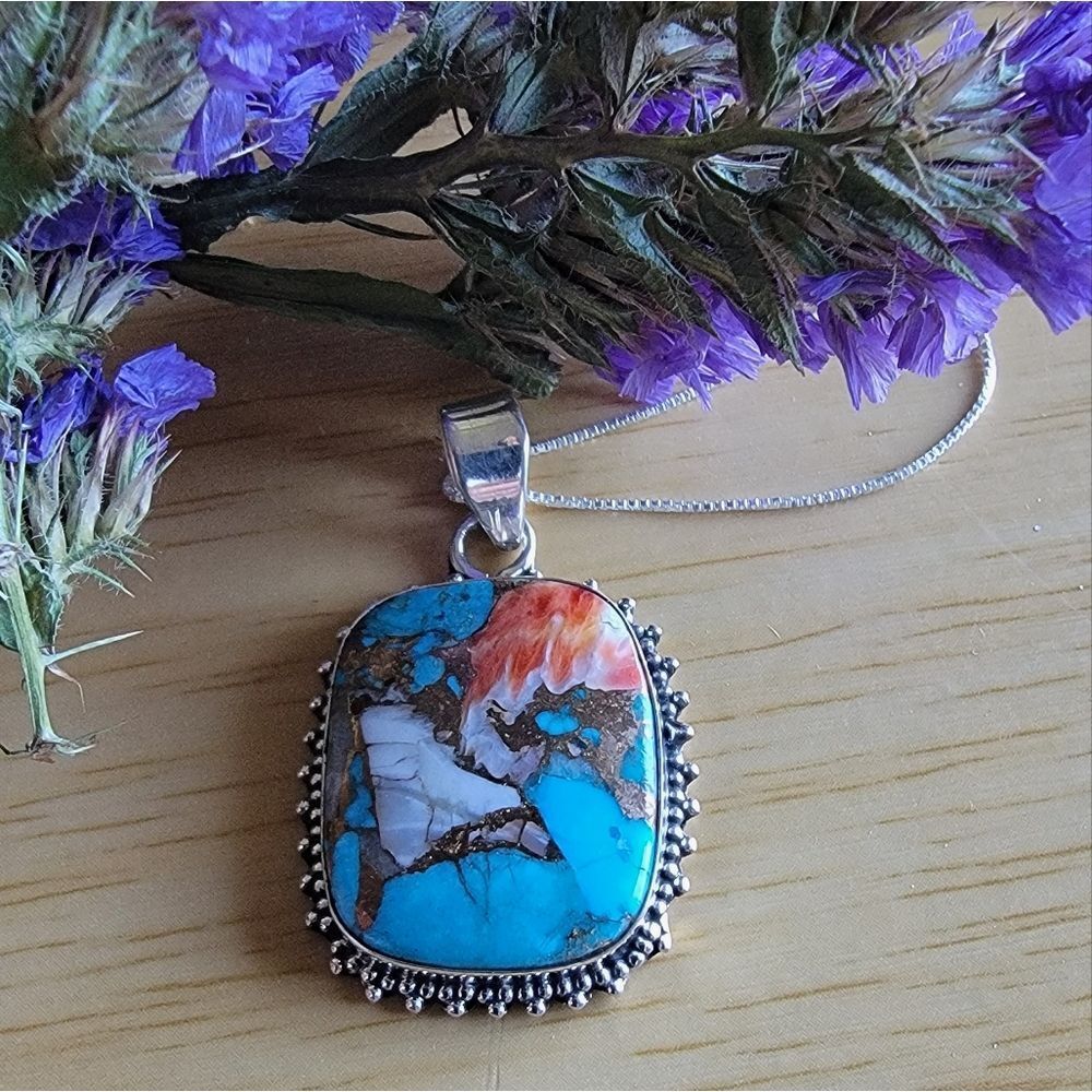 SOUTHWEST Copper Turquoise Spiny Oyster Sterling Silver Pendant & Necklace.